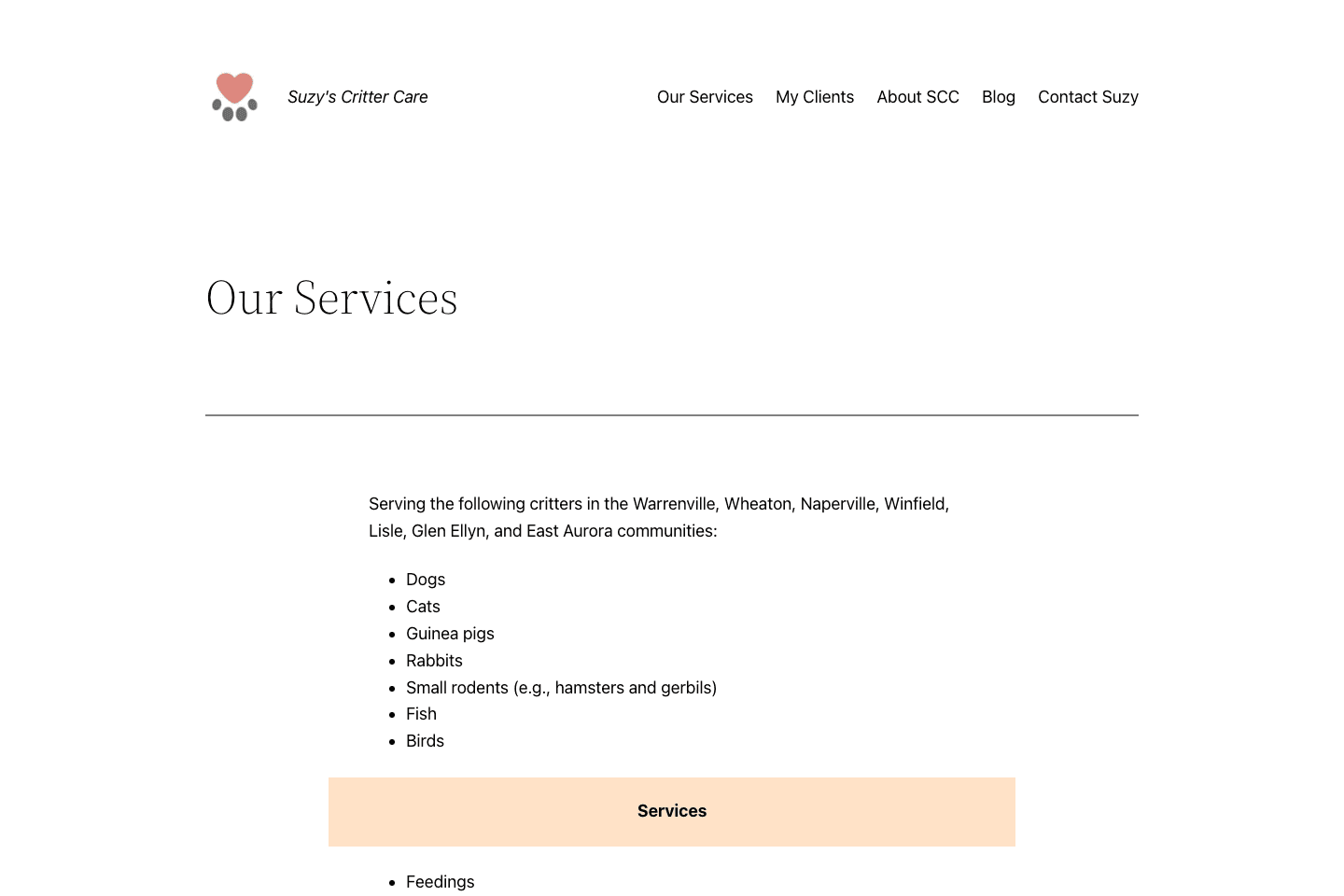 Screenshot of Suzie's Critter Care services page