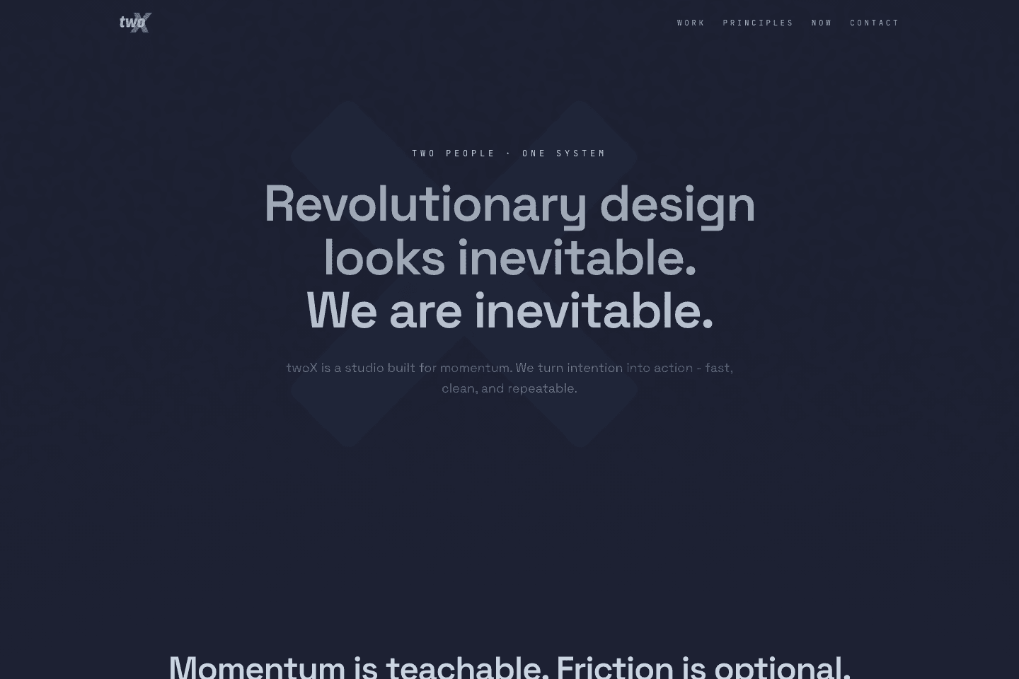 Screenshot of the twoX homepage