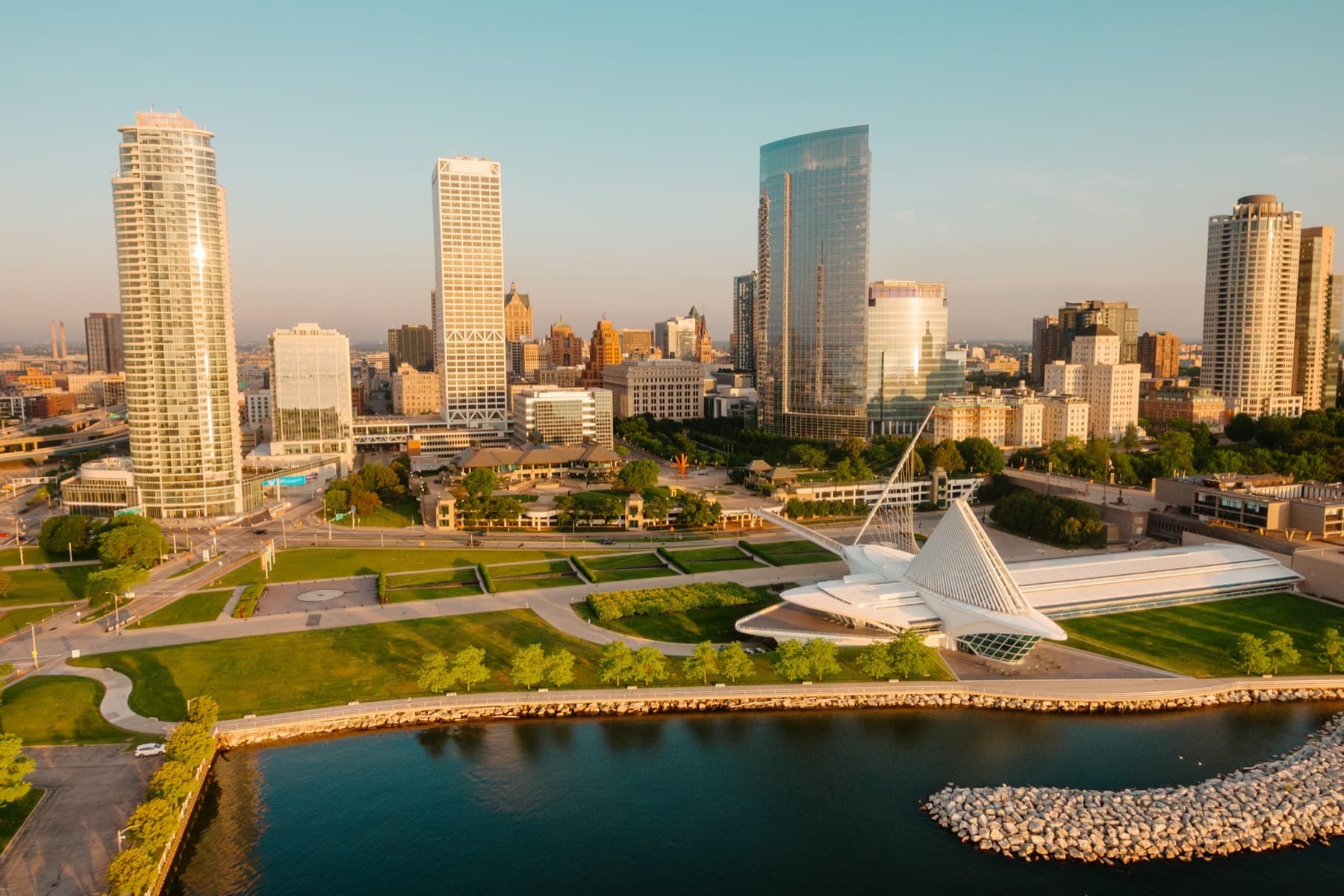 Milwaukee lakefront skyline in warm evening light