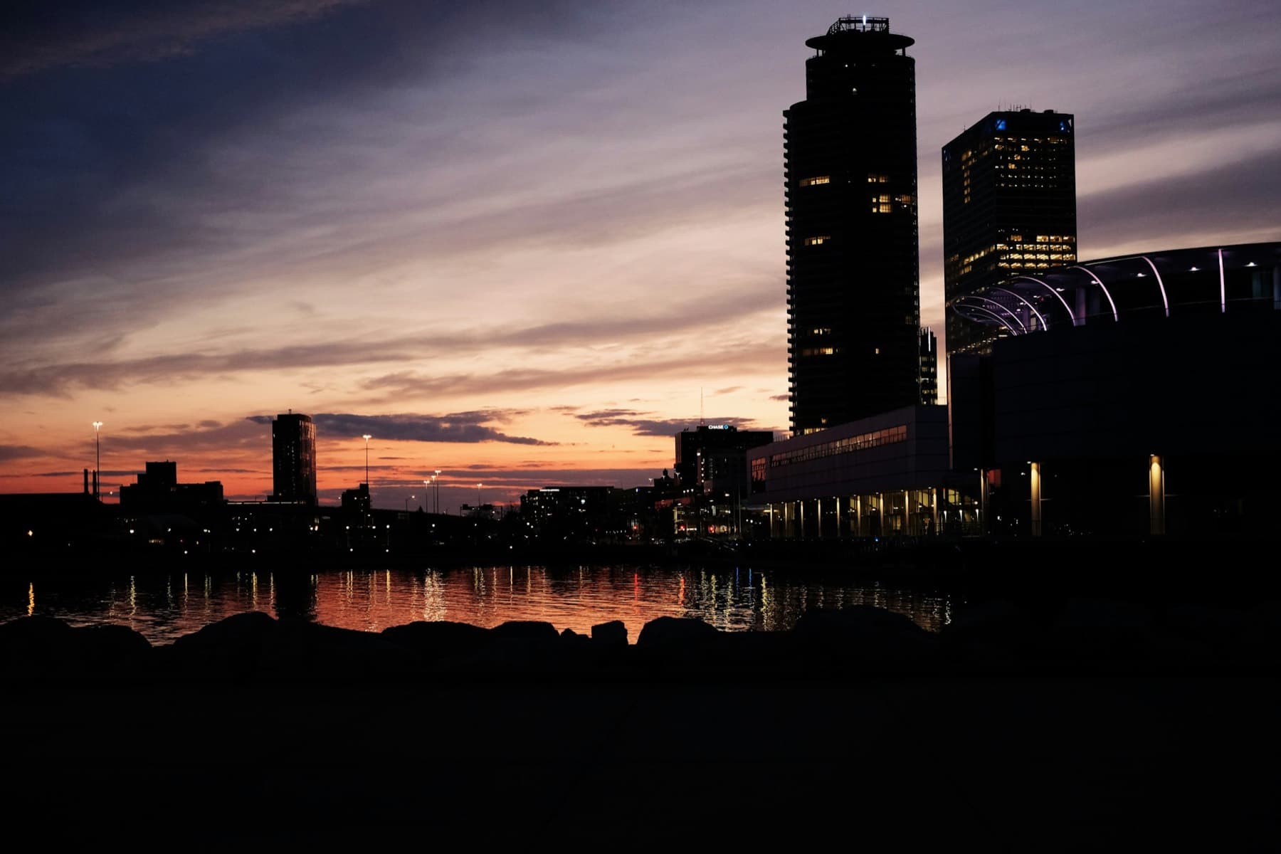 Milwaukee skyline at dusk along the lakefront