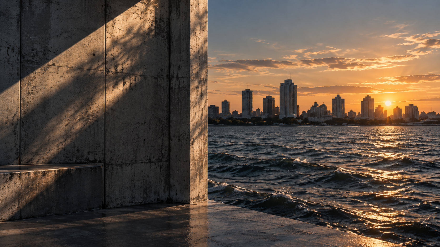 Concrete architecture opening onto the Milwaukee skyline at sunset