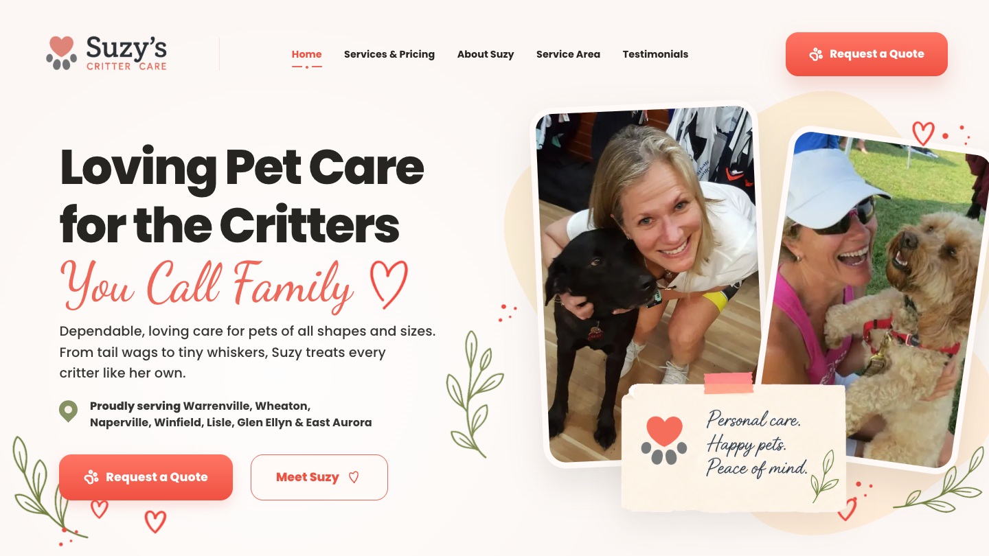 Screenshot of the updated Suzy's Critter Care homepage