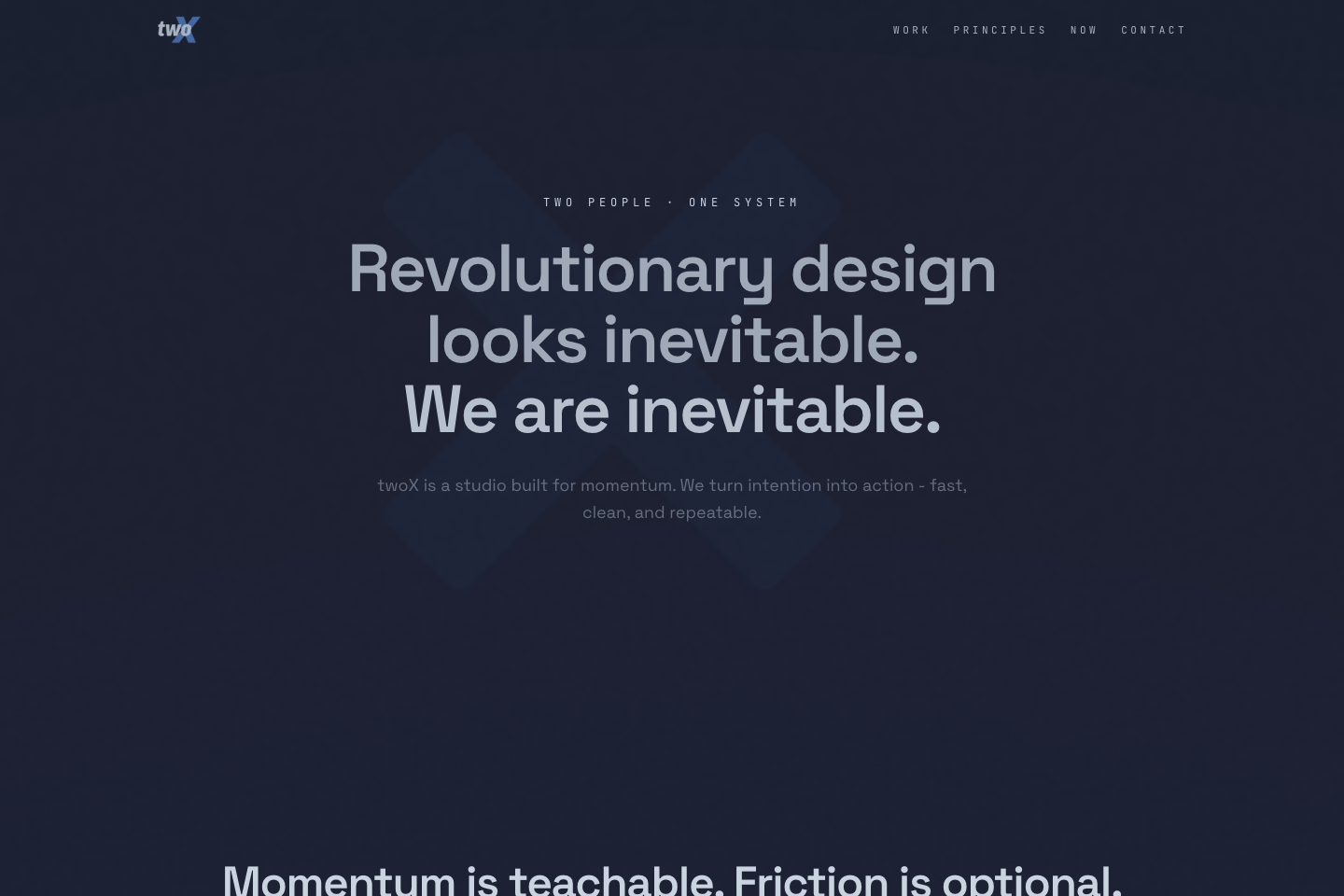 Screenshot of the twoX homepage