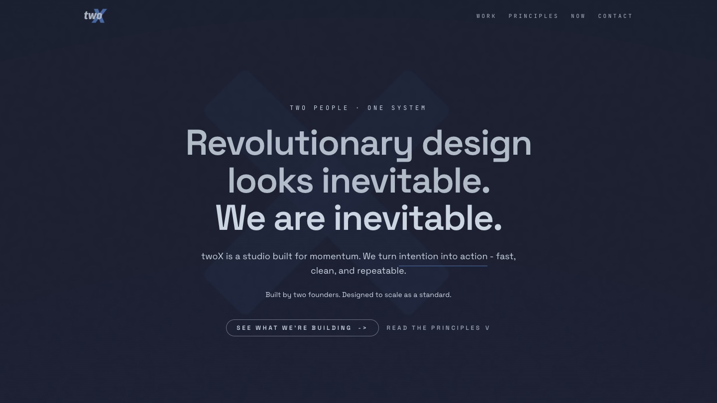 Screenshot of the twoX homepage